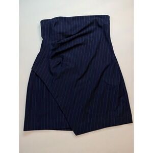 Navy Blue Pinstripe Sexy Strapless Wrap Front Mini Dress Stretch Small Side Slit